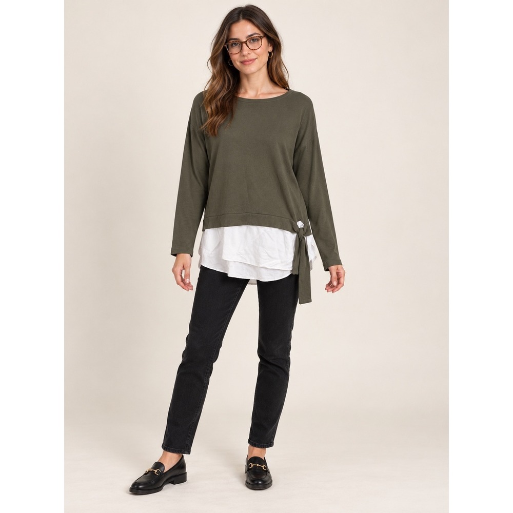LOFT Olive Green Mixed Media Side Tie Layered Hem Sweatshirt Top Small